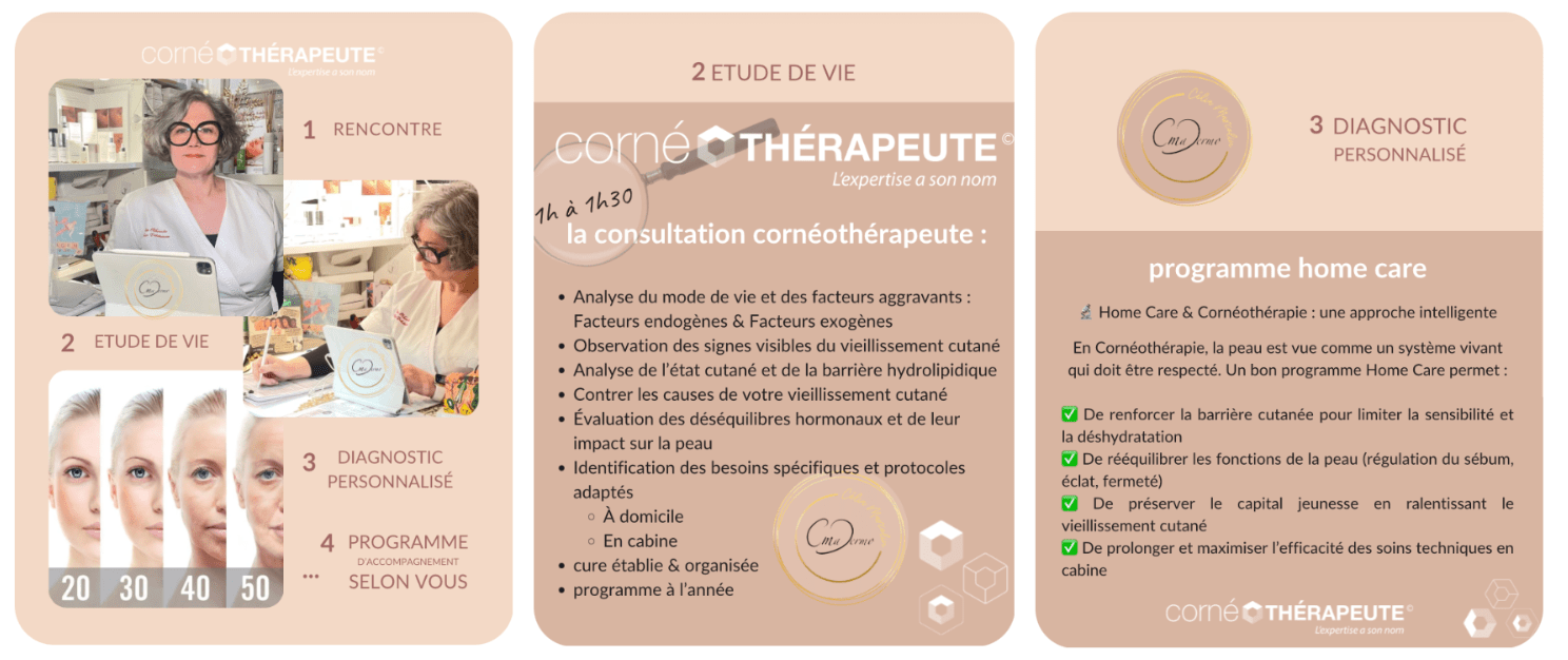 Votre peau réagit aux agressions, aux émotions et au temps. Nos soins, sélectionnés selon une approche en Cornéothérapie©, sont conçus sur mesure grâce à la consultation Cornéo-Diagnostic. Ils respectent les peaux les plus fragiles et restaurent l’équilibre cutané tout en répondant aux problématiques les plus complexes : sensibilité, rosacée, imperfections, taches pigmentaires et vieillissement cutané.   "Avant toute prise en charge, la consultation en Cornéothérapie© est indispensable pour analyser votre peau, comprendre ses besoins et vous proposer un protocole personnalisé."