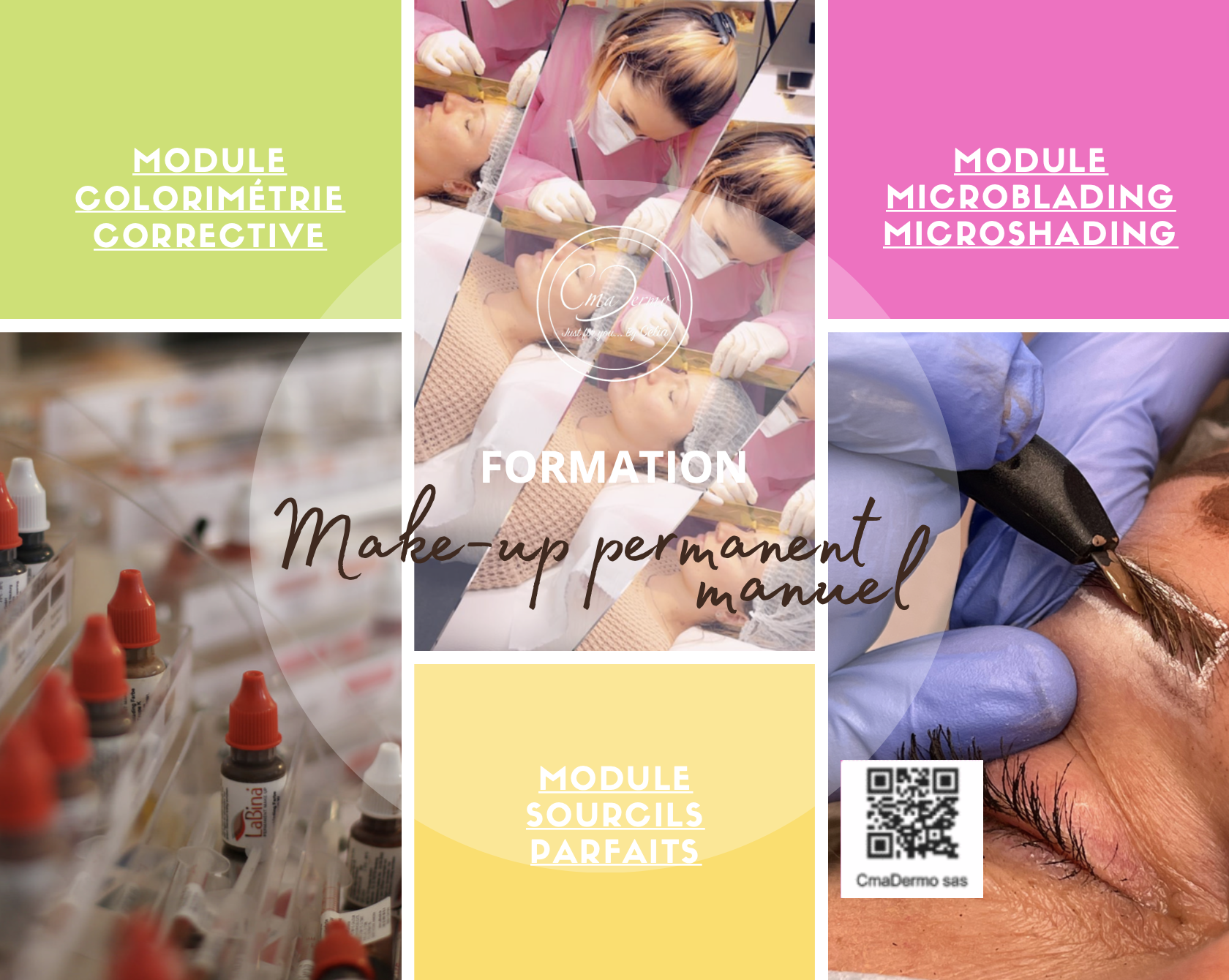 Une formation MICROBLADING MICROSHADING MAQUILLAGE PERMANENT MANUEL de 4 jours : étude des pigments et les associations en colorimétrie pour sublimer et/ou apporter en correctifs lors d'un mpu (1jour) + dessiner des sourcils sur tout le monde de la même façon sans lui enlever sa personnalité (1jour) + toutes les astuces et méthodologies pour maitriser un blad (stylet) à la réalisation d'un microblading (effet poil à poil réaliste) et / ou un microshading (ombrage) des sourcils (2jours). 
